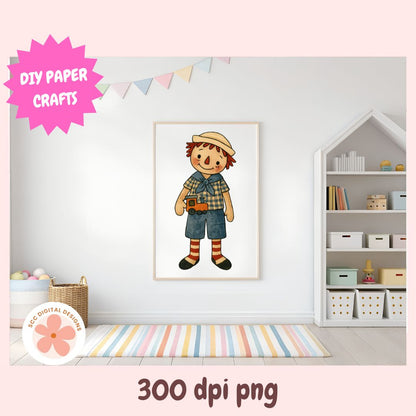 Framed illustration of a child in a plaid shirt and hat on a wall in a room with shelves and a colorful rug.