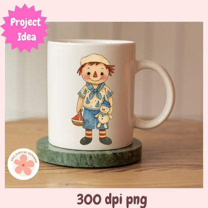Mug with a cartoon character design on a wooden surface
