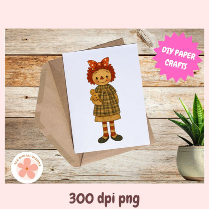 Card with a character holding a teddy bear on a wooden surface with 'DIY Paper Crafts' text.