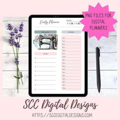 Sewing Machine PNG Digital Sticker Pack, Pre-Cropped Print and Cut Stickers for Paper Planners, Goodnotes Compatible Planner Accessories