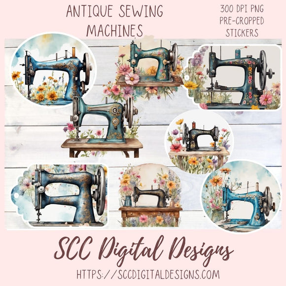 Sewing Machine PNG Digital Sticker Pack, Pre-Cropped Print and Cut Stickers for Paper Planners, Goodnotes Compatible Planner Accessories