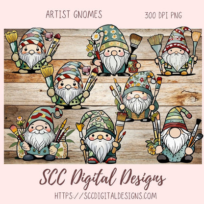 Cute Artist Gnome Stickers PNGs for Digital and Printable Planners, Bullet Journals, Scrapbooking, Laptops, Hippy Gnomes Gift for Women