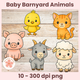 Illustrations of baby barnyard animals on a wooden background with 'Baby Barnyard Animals' text.