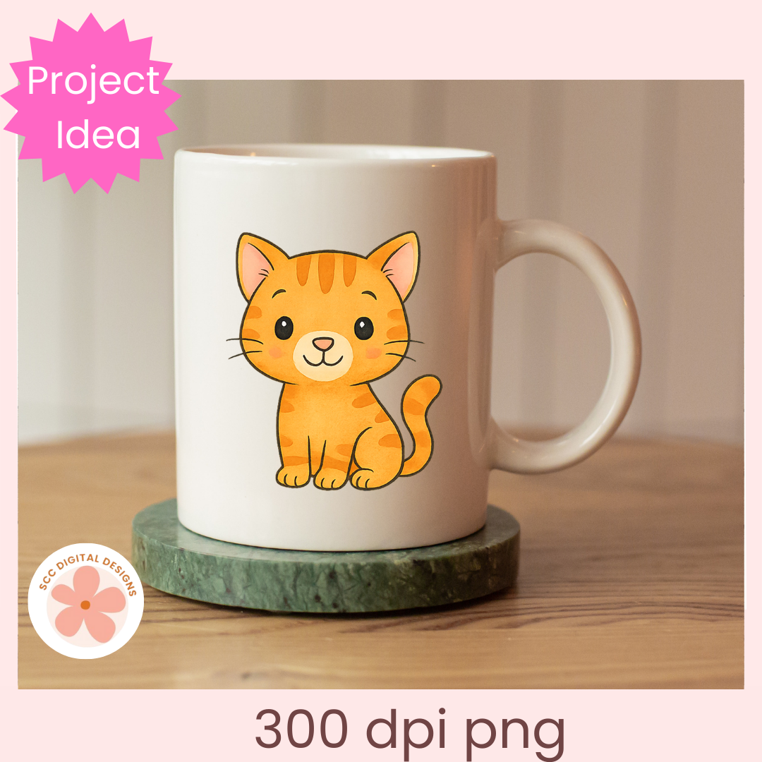 White mug with a cartoon cat design on a wooden surface, labeled 'Project Idea' with a pink star.