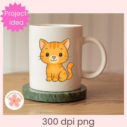 White mug with a cartoon cat design on a wooden surface, labeled 'Project Idea' with a pink star.