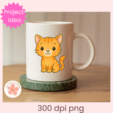 White mug with a cartoon cat design on a wooden surface, labeled 'Project Idea' with a pink star.