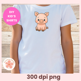 White t-shirt with a cartoon pig design on a wooden background, labeled 'DIY Kids' Shirts'.