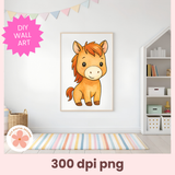 Framed cartoon horse poster on a wall with DIY wall art text and 300 dpi png note.
