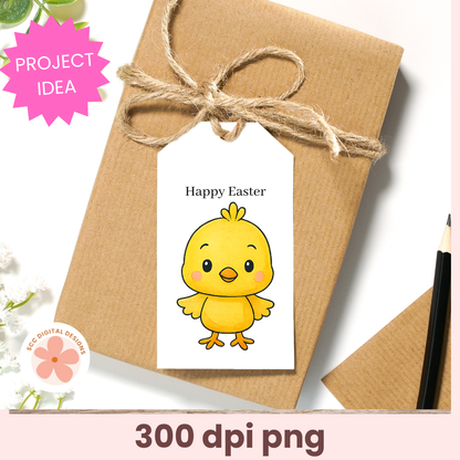 Gift box with a 'Happy Easter' tag featuring a cartoon chick, tied with twine on a white background.
