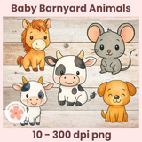 Illustrations of baby barnyard animals on a wooden background with 'Baby Barnyard Animals' text.