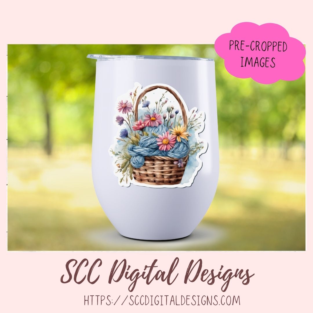 Yarn Basket Stickers PNG for Digital and Printable Planners, Bullet Journals, Scrapbooking, Laptops, Crochet & Knitting Theme Gift for Women