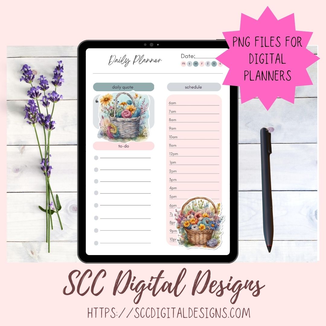 Yarn Basket Stickers PNG for Digital and Printable Planners, Bullet Journals, Scrapbooking, Laptops, Crochet & Knitting Theme Gift for Women