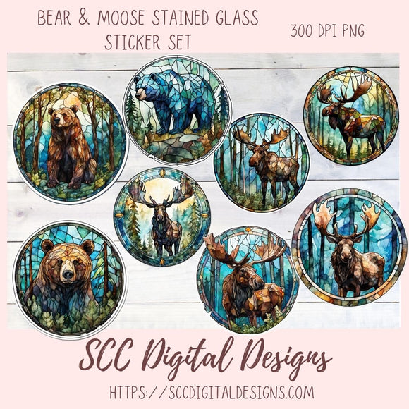 tained Glass PNG Sticker Pack for Digital and Printable Planners, Journals, Notebooks & Digital Scrapbooking, Bear & Moose Car Decals, Instant Download Pre-Cropped Goodnotes Compatible PNG Images