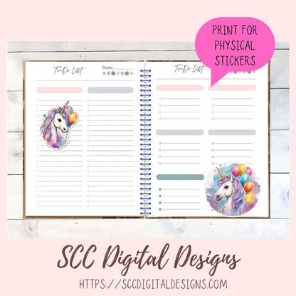 Birthday Unicorn Stickers for Digital Planners, Printable Planner Accessories for Scrapbooking & DIY Gift for Kids Sticker Book