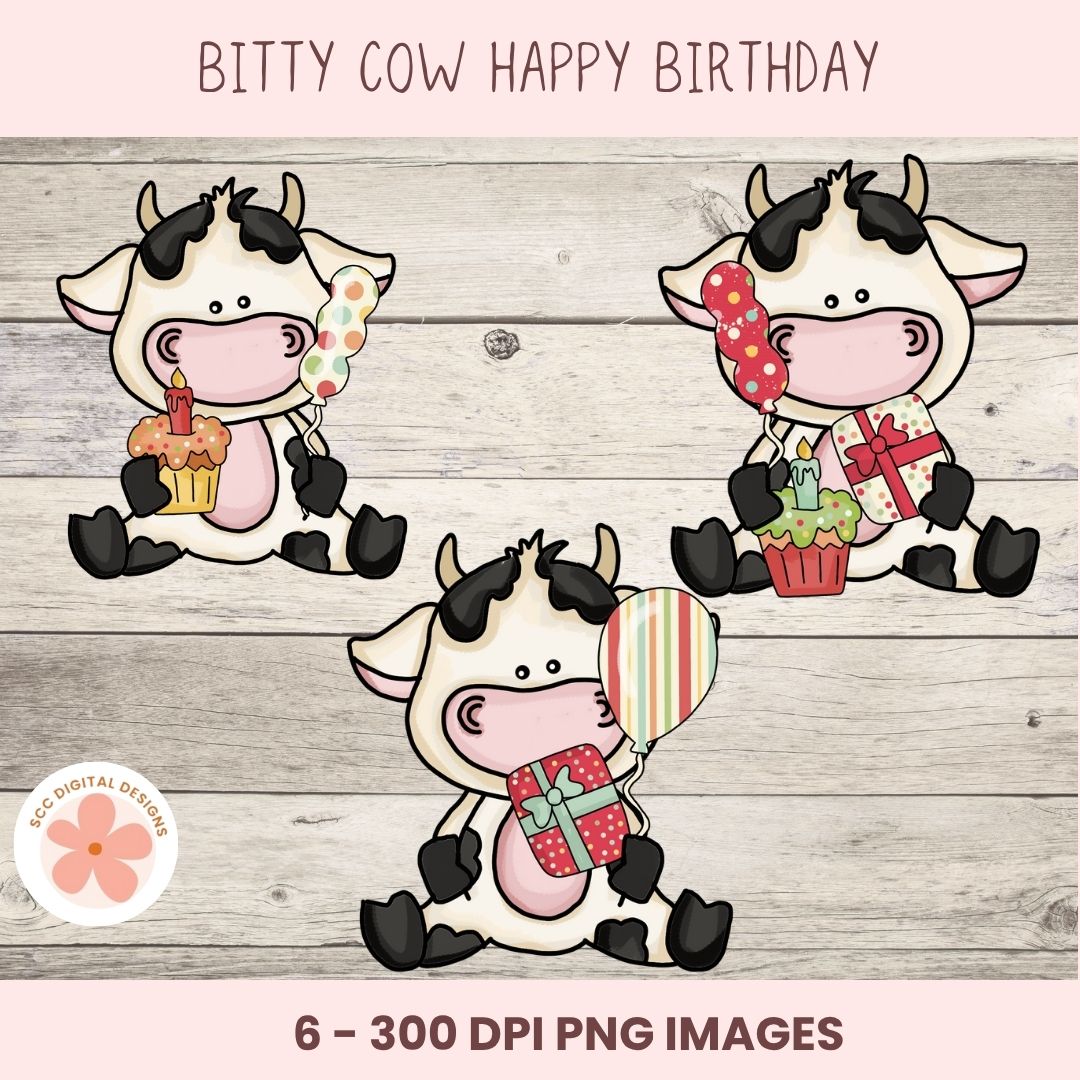 Happy  Birthday Cow Clipart – Bitty Cows with Balloons, Cake & Presents, PNG Format forSublimation, Instant Download, Birthday Printables, Commercial Use Birthday PNG