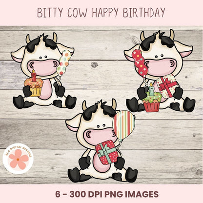 Happy  Birthday Cow Clipart – Bitty Cows with Balloons, Cake & Presents, PNG Format forSublimation, Instant Download, Birthday Printables, Commercial Use Birthday PNG
