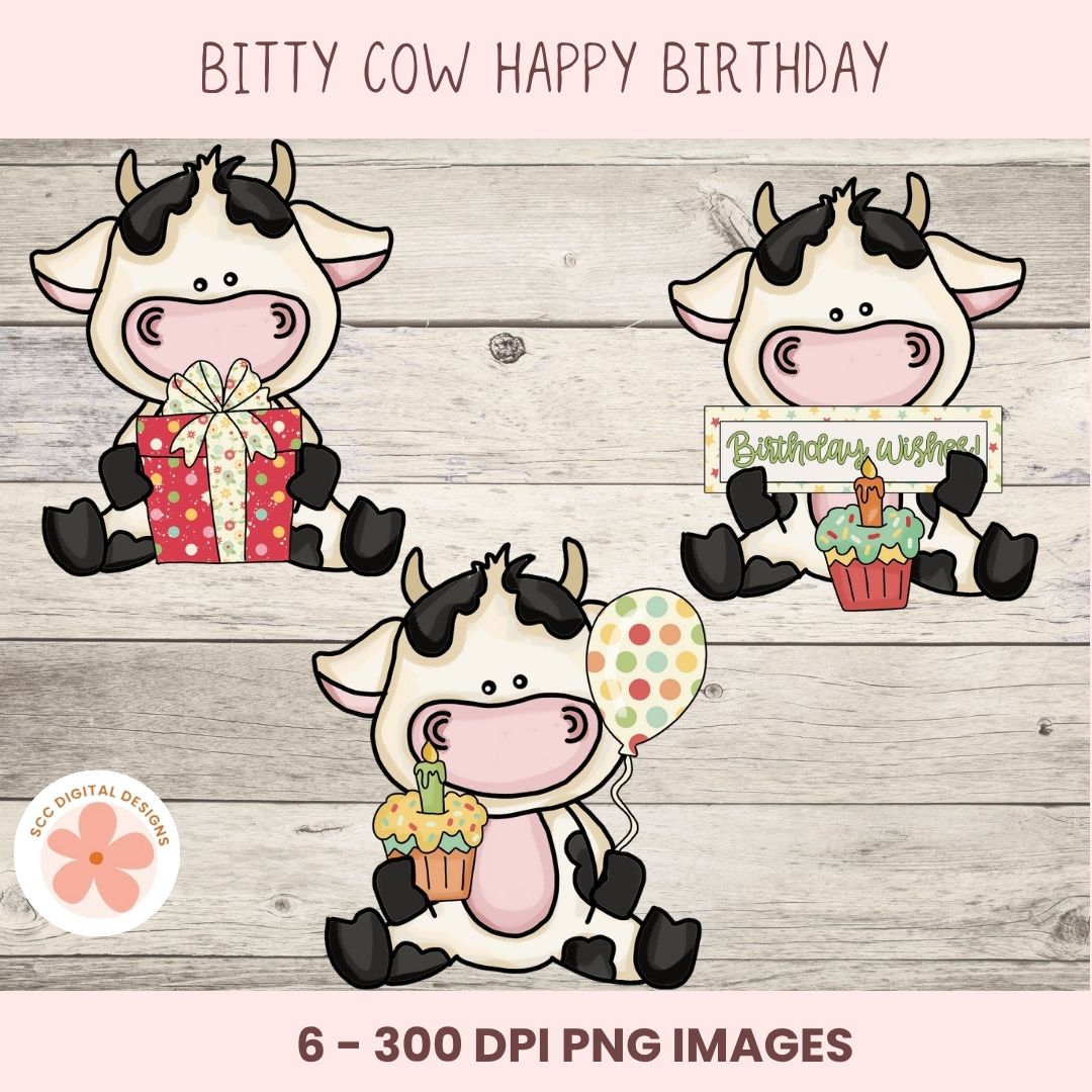 Happy  Birthday Cow Clipart – Bitty Cows with Balloons, Cake & Presents, PNG Format forSublimation, Instant Download, Birthday Printables, Commercial Use Birthday PNG