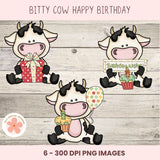 Happy  Birthday Cow Clipart – Bitty Cows with Balloons, Cake & Presents, PNG Format forSublimation, Instant Download, Birthday Printables, Commercial Use Birthday PNG