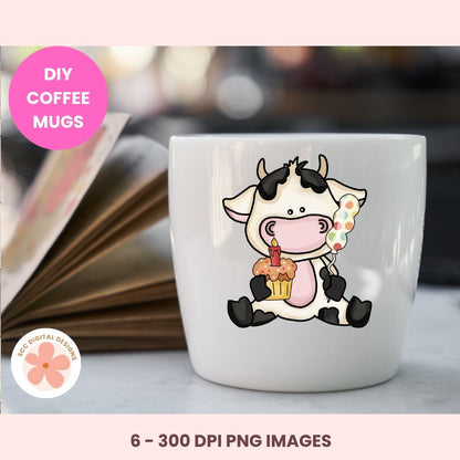 Happy  Birthday Cow Clipart – Bitty Cows with Balloons, Cake & Presents, PNG Format forSublimation, Instant Download, Birthday Printables, Commercial Use Birthday PNG