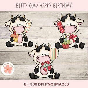 Happy  Birthday Cow Clipart – Bitty Cows with Balloons, Cake & Presents, PNG Format forSublimation, Instant Download, Birthday Printables, Commercial Use Birthday PNG