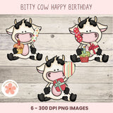 Happy  Birthday Cow Clipart – Bitty Cows with Balloons, Cake & Presents, PNG Format forSublimation, Instant Download, Birthday Printables, Commercial Use Birthday PNG