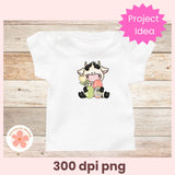 White t-shirt with a cartoon cow design on a wooden surface, labeled 'Project Idea' and '300 dpi png'.