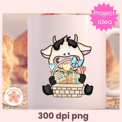 Mug with a cartoon cow holding a Easter basket design, surrounded by blurred coffee cups and a pink 'Project Idea' label.