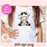 White t-shirt with a cow design worn by a child, with 'DIY Kids Shirts' text and '300 dpi png' text.