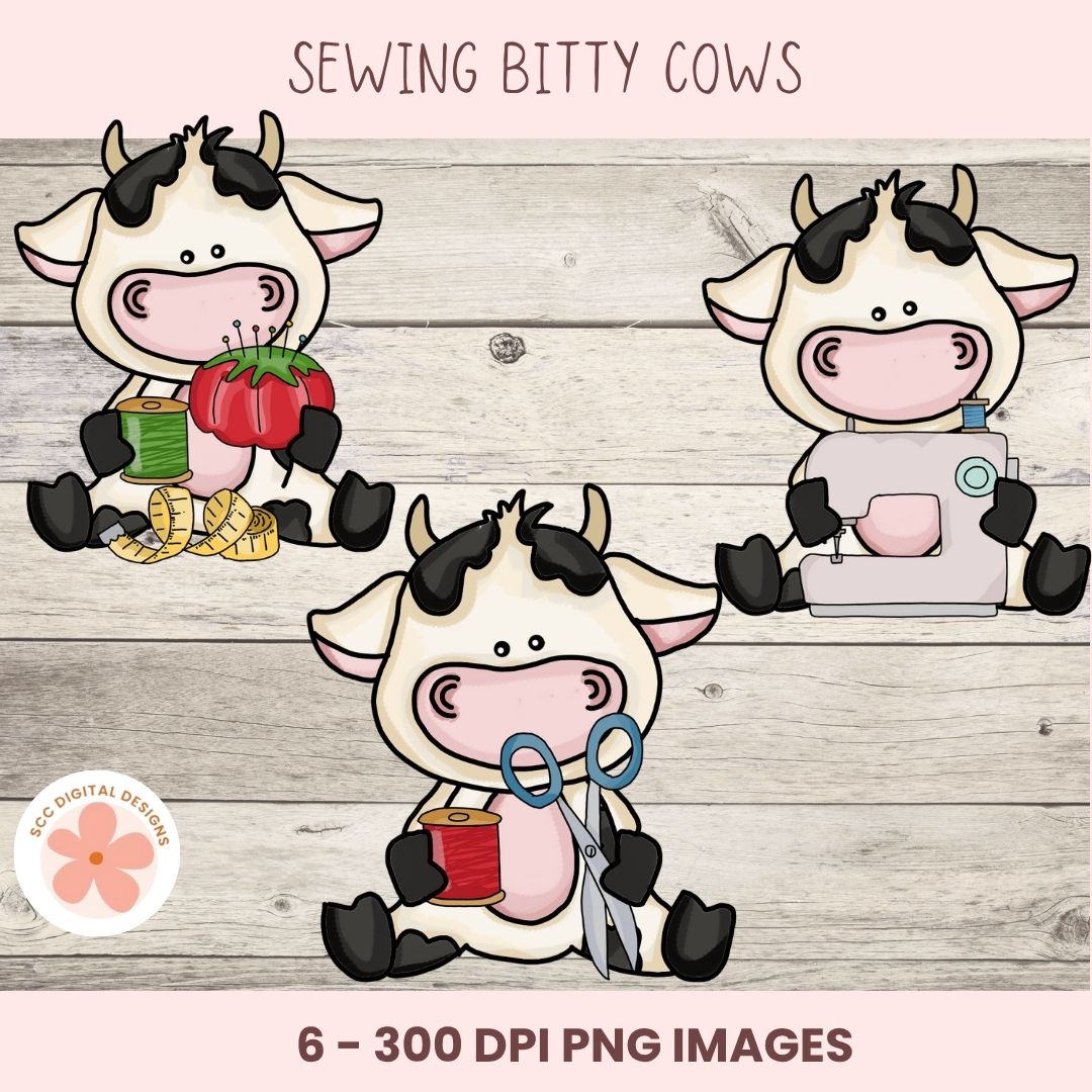 Three cartoon cows with sewing accessories on a wooden background, labeled 'Sewing Bitty Cows'.