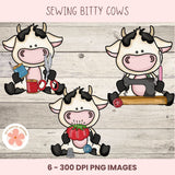 Three cartoon cows with sewing accessories on a wooden background, labeled 'Sewing Bitty Cows'.