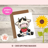 Card with cartoon cow holding a tomato on a wooden surface with a sunflower.
