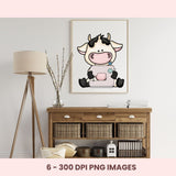 Cartoon cow holding a camera in a gold frame on a wall above a wooden console table.