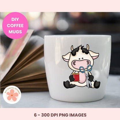 White coffee mug with a cow design holding a coffee cup, on a blurred background with 'DIY Coffee Mugs' text.