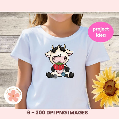 Person wearing a white t-shirt with a cow holding a tomato graphic, sunflower on the side, and 'project idea' text.
