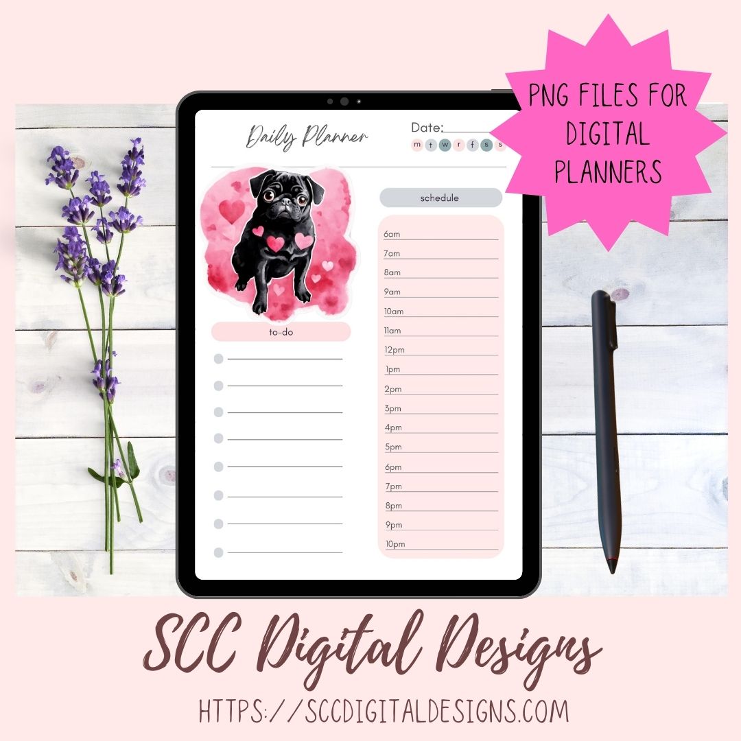 Black Pug PNG Digital Stickers, Dog Lover Gift, Pre-Cropped Print and Cut Stickers, Goodnotes Compatible Planner Accessories, Commercial Use