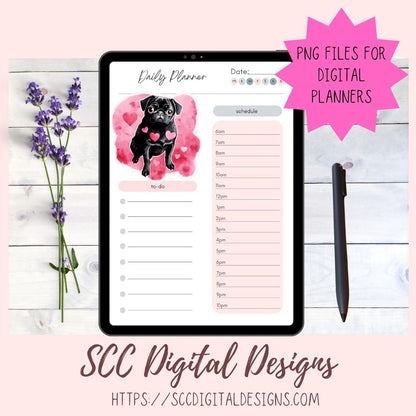 Black Pug PNG Digital Stickers, Dog Lover Gift, Pre-Cropped Print and Cut Stickers, Goodnotes Compatible Planner Accessories, Commercial Use