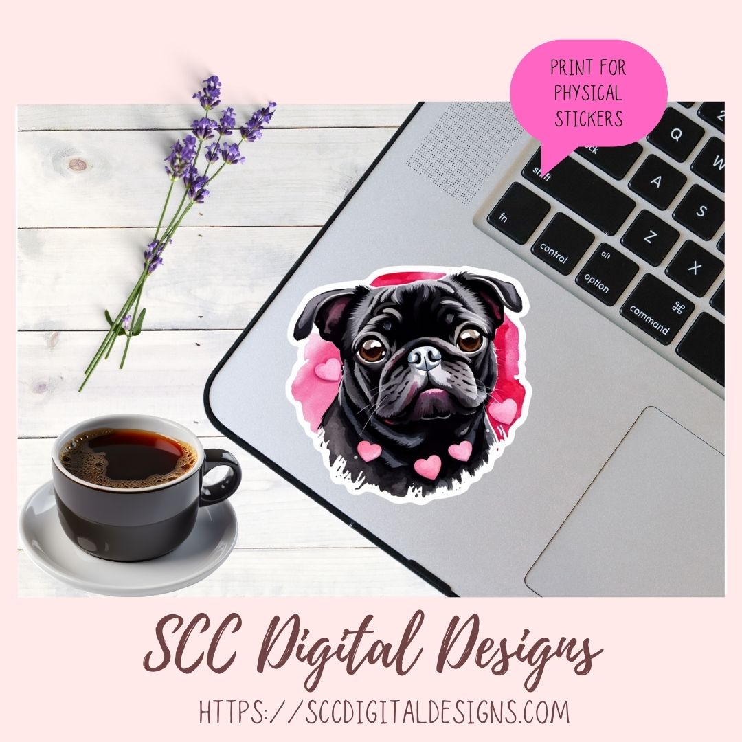 Black Pug PNG Digital Stickers, Dog Lover Gift, Pre-Cropped Print and Cut Stickers, Goodnotes Compatible Planner Accessories, Commercial Use