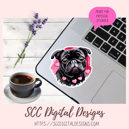 Black Pug PNG Digital Stickers, Dog Lover Gift, Pre-Cropped Print and Cut Stickers, Goodnotes Compatible Planner Accessories, Commercial Use