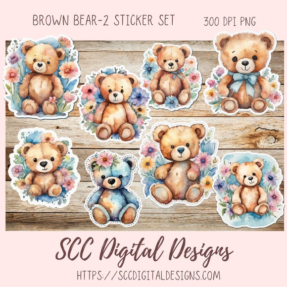 Whimsical Brown Bear PNG Stickers for Digital or Paper Planners, Pre-Cropped Goodnotes Compatable, Printable Clip Art Scrapbook Elements