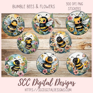 Spring Flowers and Bumble Bees Sticker Designs 8 designs in 300 dpi png format