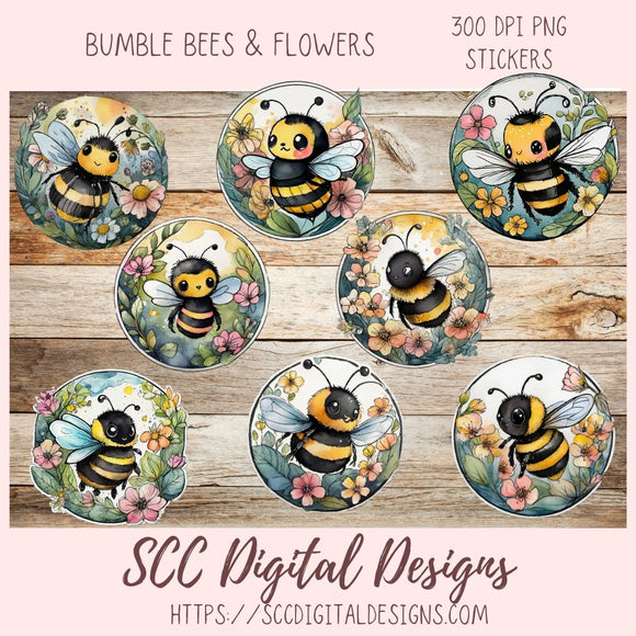 Spring Flowers and Bumble Bees Sticker Designs 8 designs in 300 dpi png format