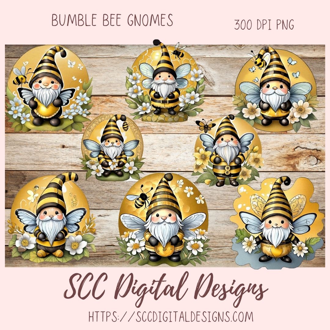 Bumble Bee Gnomes PNG, Flower Gnome Clipart for Stickers, Honey Bee Clip Art for DIY Greeting Cards, Gift Tags, Printable & Digital Planners