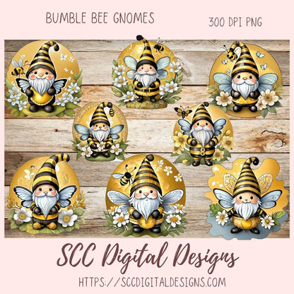 Bumble Bee Gnomes PNG, Flower Gnome Clipart for Stickers, Honey Bee Clip Art for DIY Greeting Cards, Gift Tags, Printable & Digital Planners