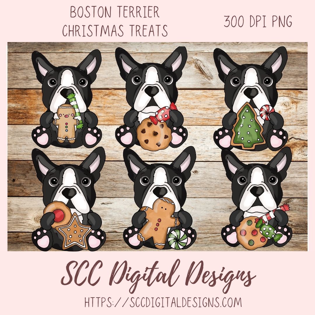 Boston Terrier Christmas Cookies PNG 6 designs in 300 dpi png format