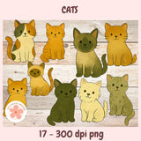 Illustrations of cats in various colors on a wooden background with 'Cats' text at the top.