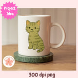 White mug with a green cat illustration on a wooden surface