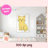 Framed cartoon cat print on a wall in a room with shelves and a rug.