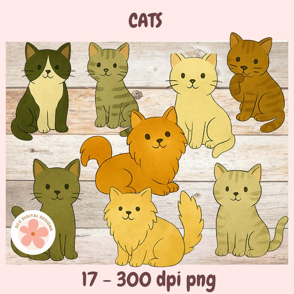 Illustrations of cats in various colors on a wooden background