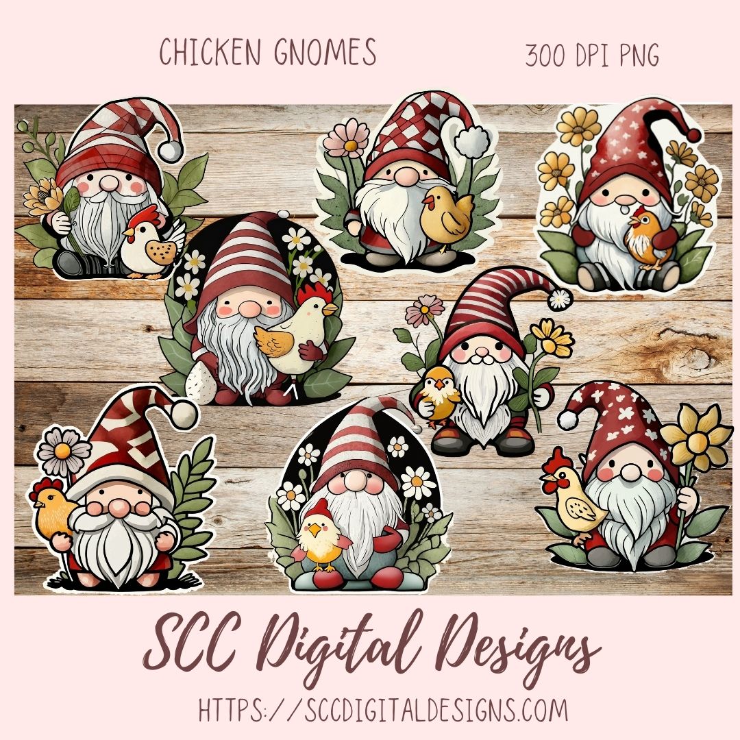 Cute Chicken Gnome Stickers PNGs for Digital and Printable Planners, Bullet Journals, Scrapbooking, Laptops, Hippy Gnomes Gift for Women
