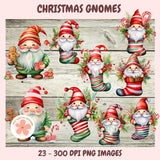 Christmas Gnomes Clipart Bundle, Whimsical Santa Gnomes, Gingerbread Cookies, Stockings & Candy Cane PNGs for DIY Crafts, Stickers & Scrapbooking